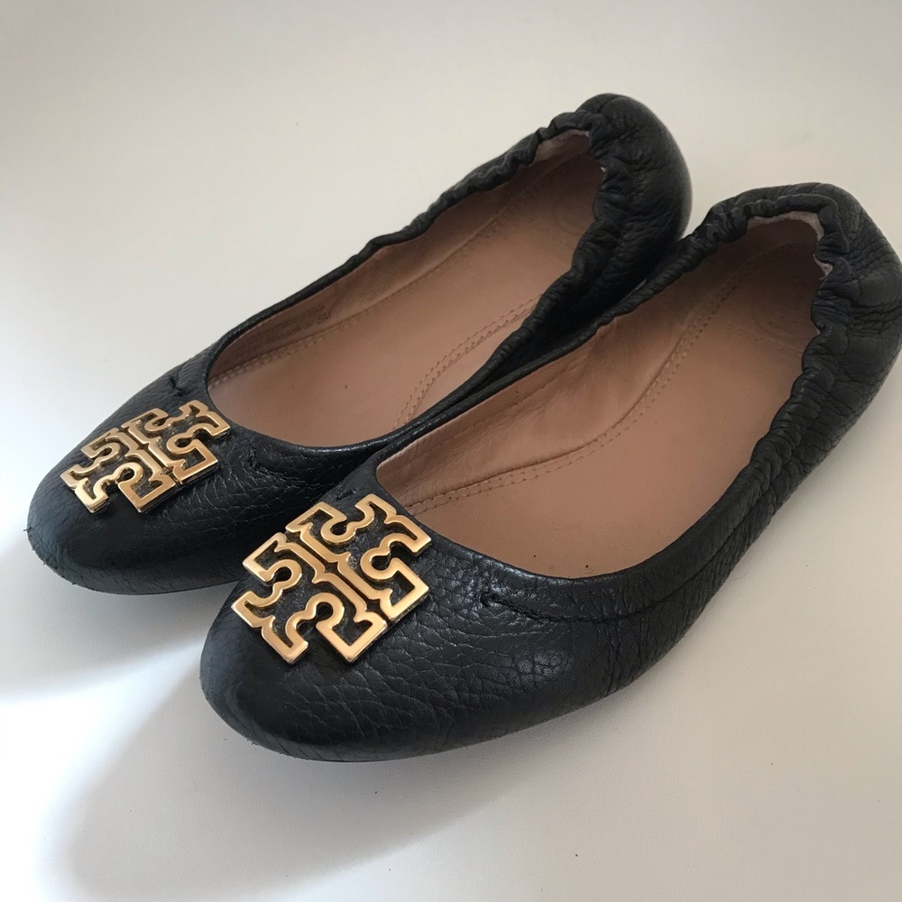 Tory Burch Pebbled Leather Monogram Flats - Black - Picture 2 of 4